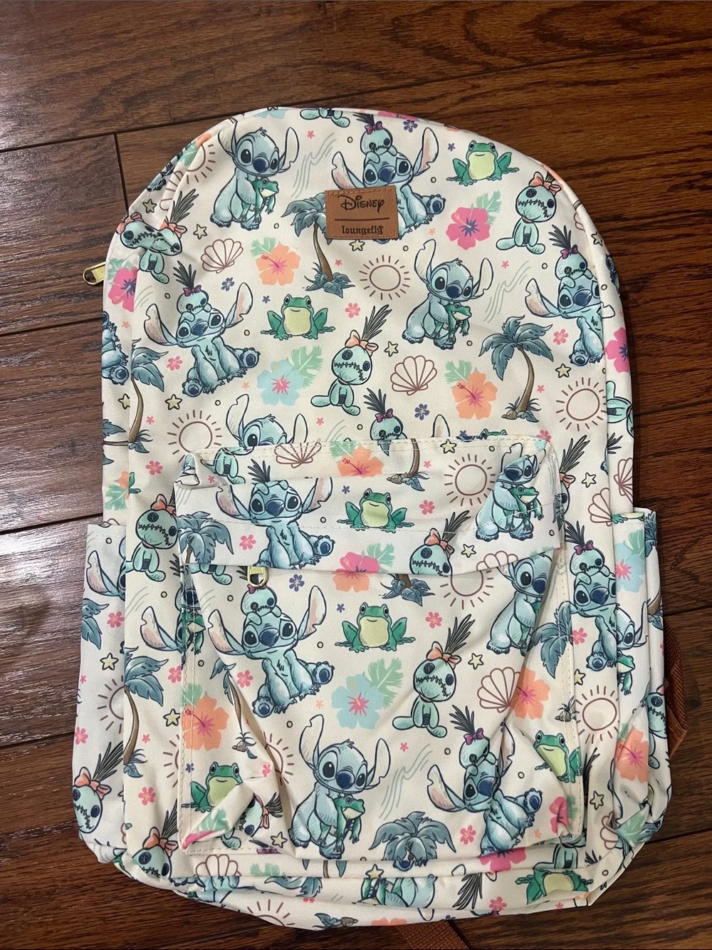 Disney Loungefly Cream Backpack with Aqua Stitch & Green Frog Print